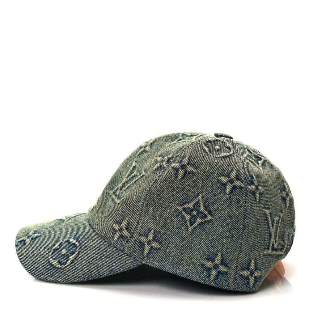 Monogram Denim Embossed Baseball Cap Hat Stiff Logo Canvas Leather Back Strap - Picture 5 of 10